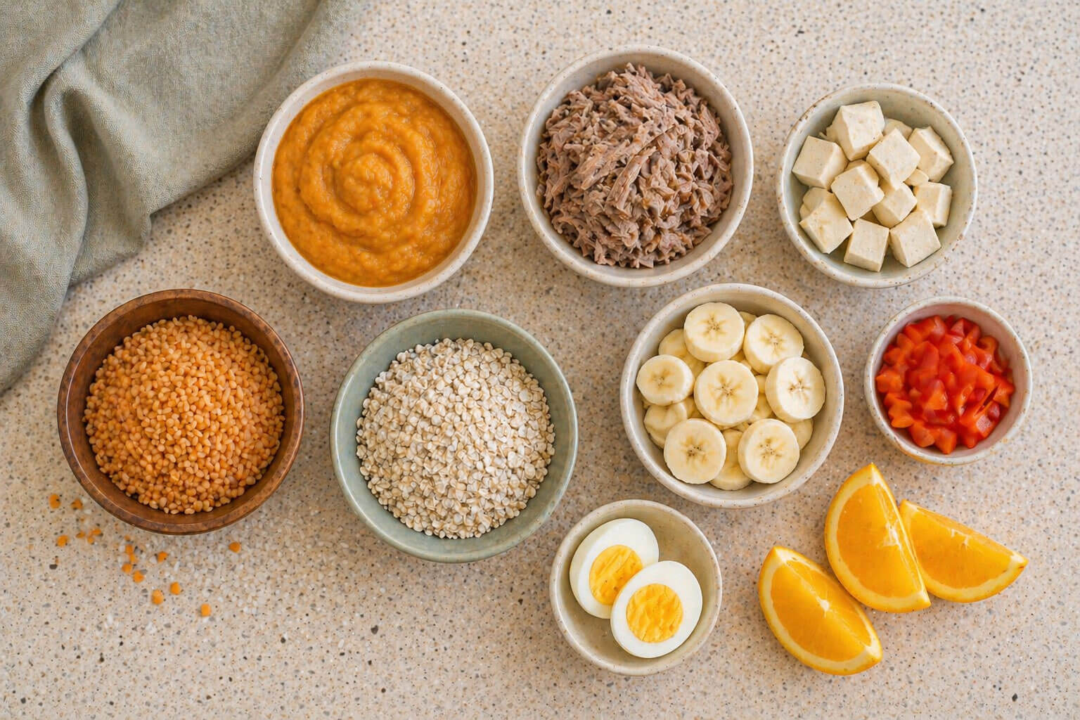 Top-down view of iron-rich baby foods arranged in bowls, including lentils, shredded meat, tofu, oats, egg, banana, and orange slices on a light kitchen countertop